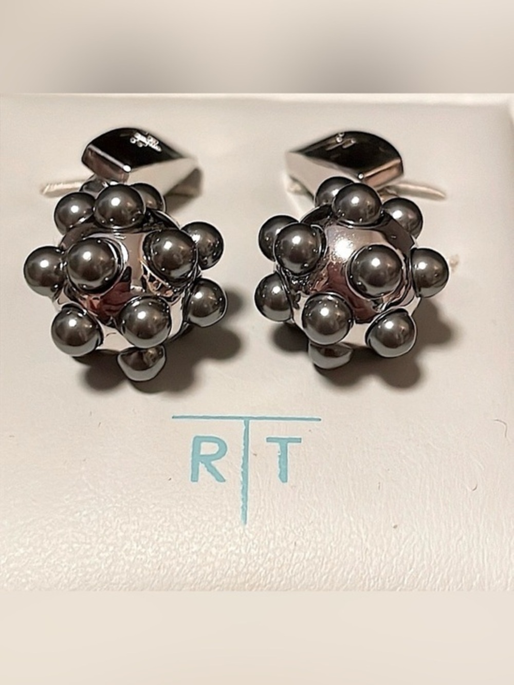 Tateossian Pearl Ball Cufflinks Silver Tone Gray Boxed Designer Luxury Modern